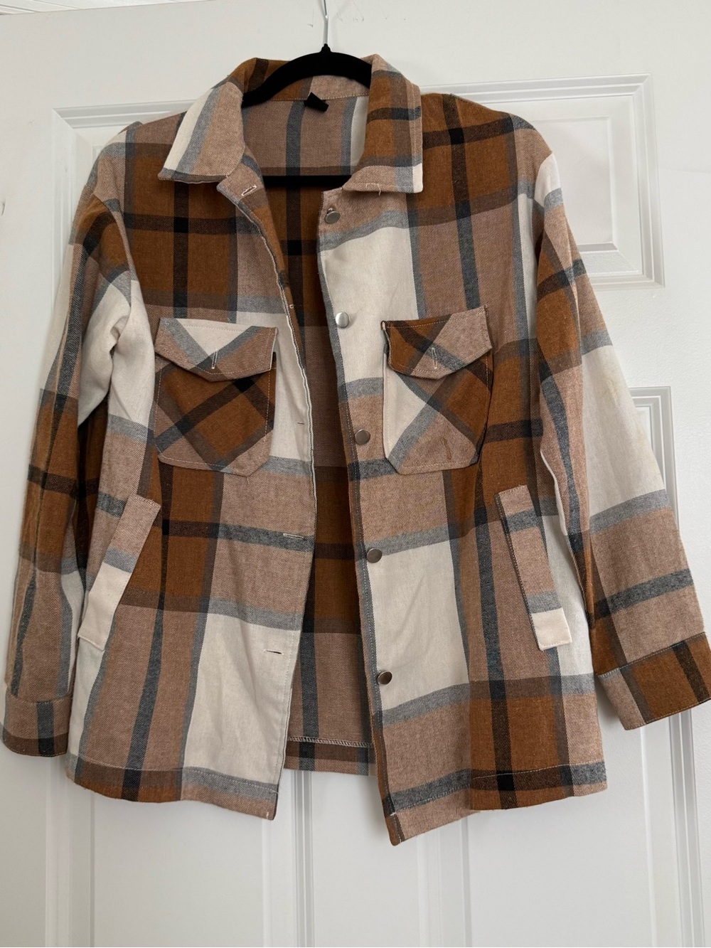 SHEIN Brown, Cream & Gray Plaid Button-Up Shacket
